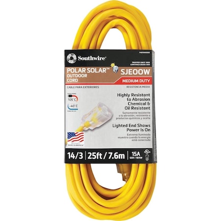 Southwire SJEOOW Extension Cord, 14 AWG, Outdoor, 14/3, 1 Outlets, 5-15R, Yellow, 5-15P, 25 ft 1487SW0002